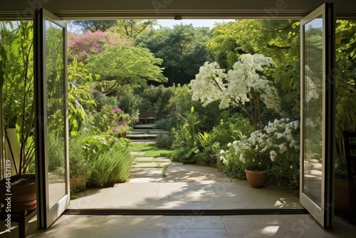 A beautiful garden and patio seen through folding doors. Generative AI