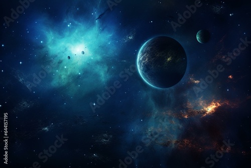 Stunning deep space wallpaper with a planetary system and central star. Digitally created artwork. Generative AI
