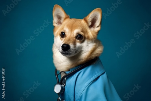 Photography in the style of pensive portraiture of a smiling norwegian lundehund wearing a doctor costume against a sapphire blue background. With generative AI technology © Markus Schröder