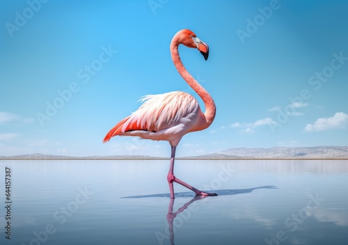 "Majestic Flamingo Wading in Shallow Waters". Digital Poster. AI generated.