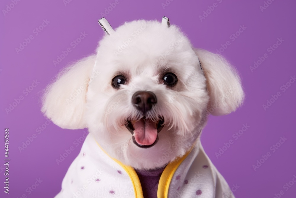 Close-up portrait photography of a smiling bichon frise wearing a bee costume against a lilac purple background. With generative AI technology Close-up portrait photography of a smiling bichon frise wearing a bee costume against a lilac purple background. With generative AI technology