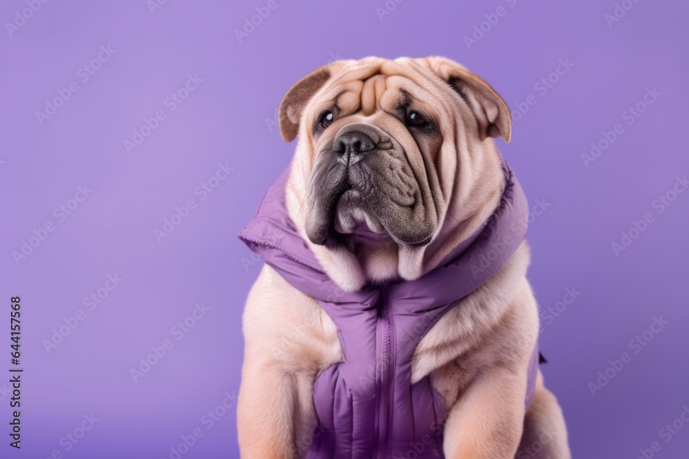 Medium shot portrait photography of a cute chinese shar pei dog wearing a ski suit against a lilac purple background. With generative AI technology Medium shot portrait photography of a cute chinese shar pei dog wearing a ski suit against a lilac purple background. With generative AI technology