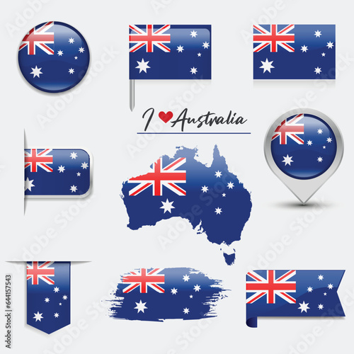 Australia flag - flat collection. Flags of different shaped flat icons. Vector illustration