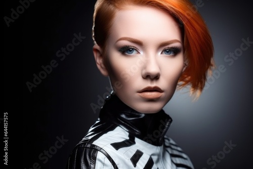 portrait of a beautiful young model wearing futuristic leather clothing