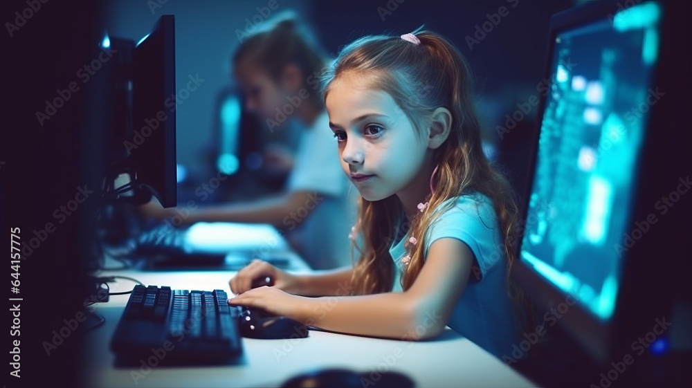 portrait Kid girl learn to code with soft blurred friend in a computer lab.