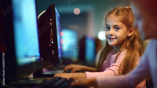 portrait Kid girl learn to code with soft blurred friend in a computer lab.