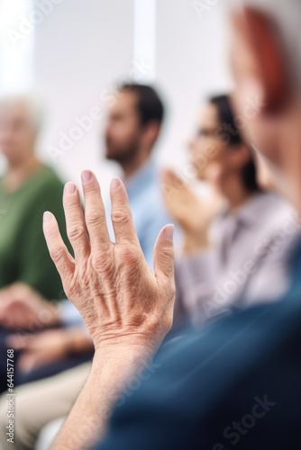 shot of a unrecognizable person holding up their hand at a seminar