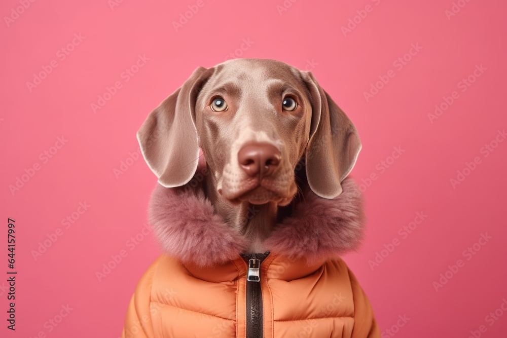 Medium shot portrait photography of a cute weimaraner dog wearing a puffer jacket against a coral pink background. With generative AI technology Medium shot portrait photography of a cute weimaraner dog wearing a puffer jacket against a coral pink background. With generative AI technology