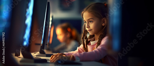 portrait Kid girl learn to code with soft blurred friend in a computer lab.Generative ai