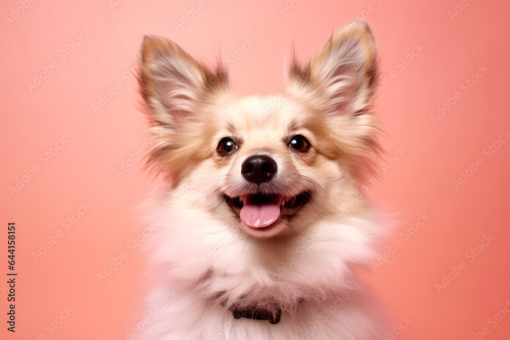 Medium shot portrait photography of a smiling norwegian lundehund wearing a fairy wings against a coral pink background. With generative AI technology