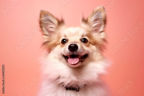 Medium shot portrait photography of a smiling norwegian lundehund wearing a fairy wings against a coral pink background. With generative AI technology © Markus Schröder