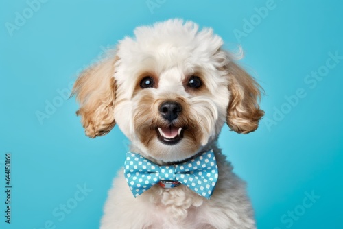 Close-up portrait photography of a funny poodle wearing a cute bow tie against a cerulean blue background. With generative AI technology © Markus Schröder