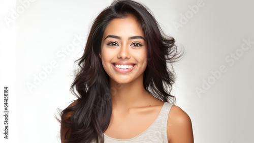 A beautiful young asian indian model woman smiling with clean teeth isolated.