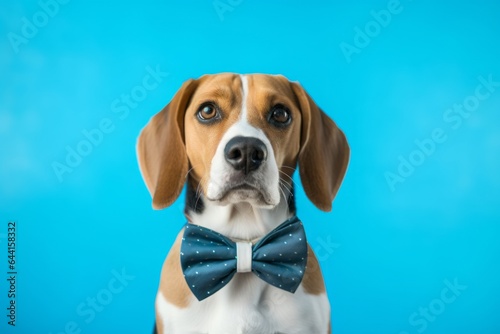 Group portrait photography of a cute beagle wearing a cute bow tie against a cerulean blue background. With generative AI technology photo