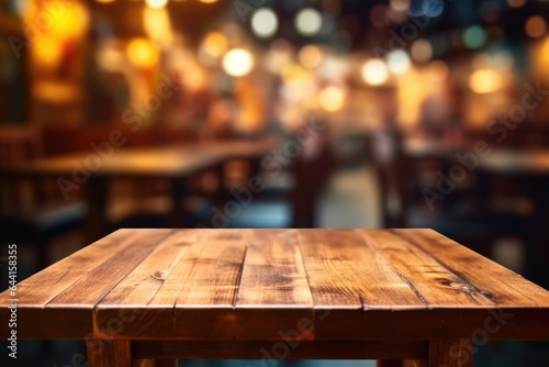 The wooden table top with blur background of restaurant. Generative AI image AIG30.