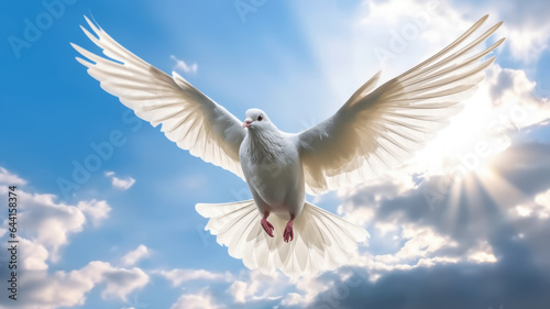 A white dove with wings wide open in the blue sky air with clouds.Generative ai