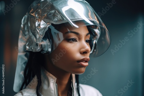 shot of a beautiful young woman wearing futuristic headgear