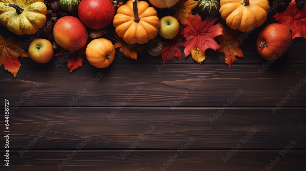 Autumn background with pumpkins, apples and leaves on wooden table Autumn background with pumpkins, apples and leaves on wooden table