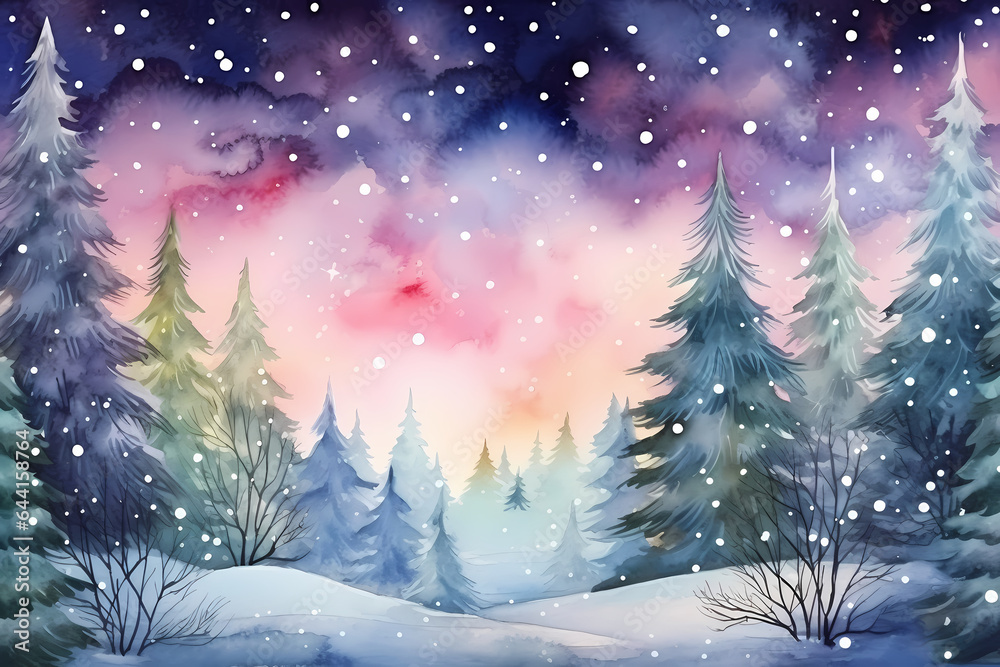 Fototapeta premium Magical glowing forest with Christmas trees under snow.