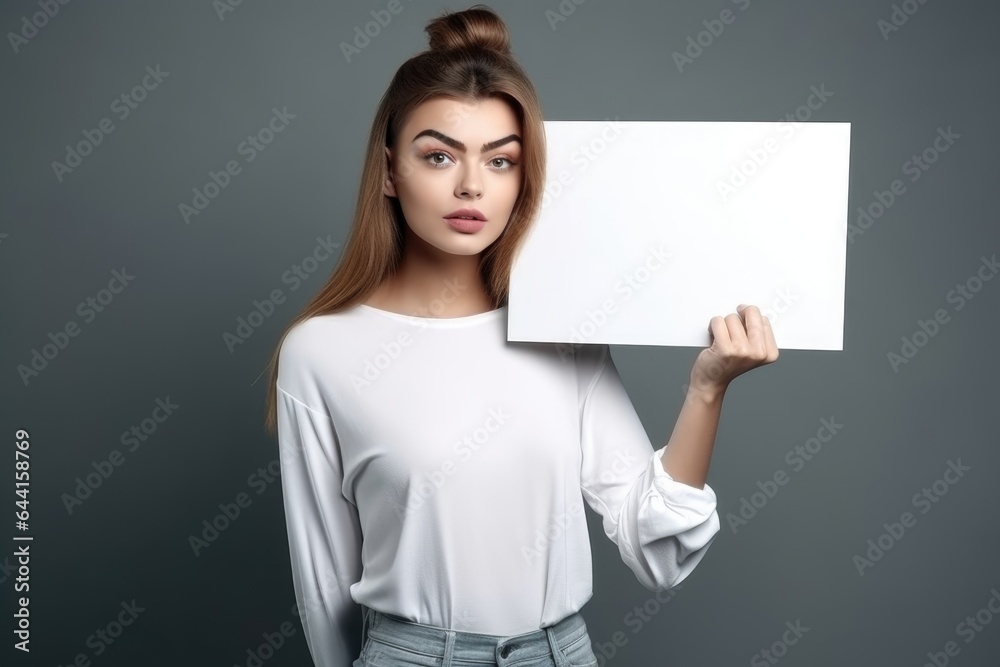 shot of a beautiful young model holding up a blank sign against a gray background