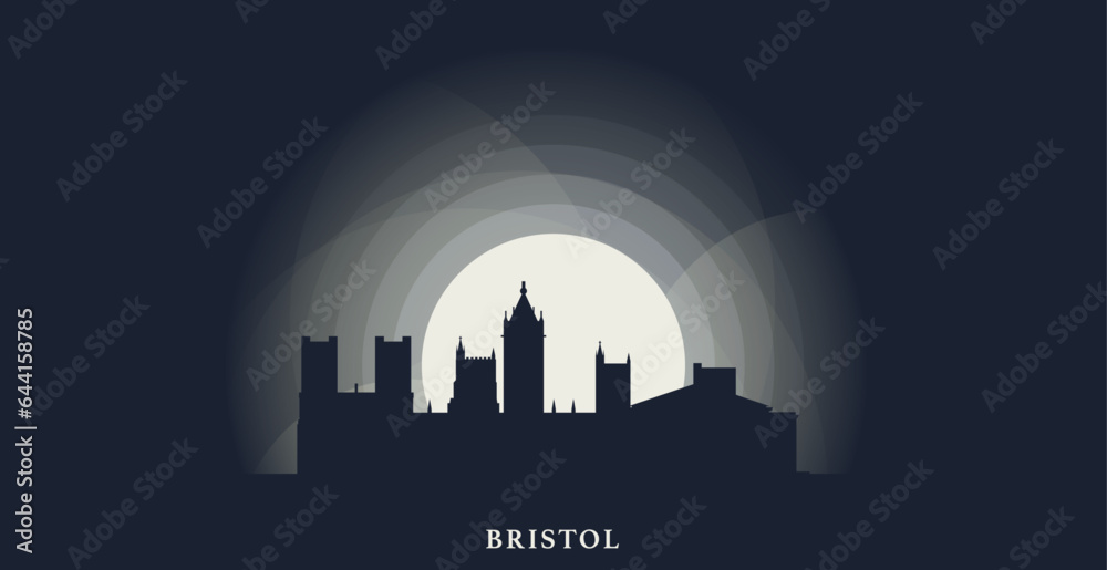 UK England Bristol cityscape skyline capital city panorama vector flat modern banner, header, booklet. Great Britain South West emblem idea with landmarks and building silhouettes at sunset night