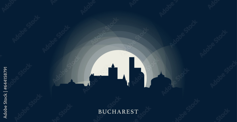 Romania Bucharest cityscape skyline capital city panorama vector flat modern banner, header, booklet. Eastern Europe region emblem idea with landmarks and building silhouettes at sunrise sunset night