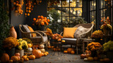Porch of the backyard decorated with pumpkins and autumn flowers. Autumn thanksgiving decoration with pumpkins and chairs on terrace, outdoors. 