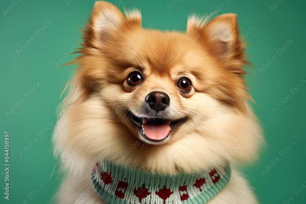 Headshot portrait photography of a cute pomeranian wearing a festive sweater against a spearmint green background. With generative AI technology