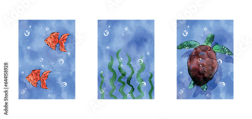Watercolor abstraction on a marine theme Marine life turtle fish corals Blue sea and relaxation
