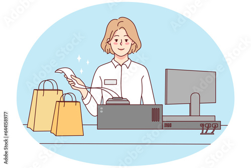 Smiling female cashier with bags at shop register. Woman selling products giving bill to client in store. Good service and consumerism. Vector illustration.