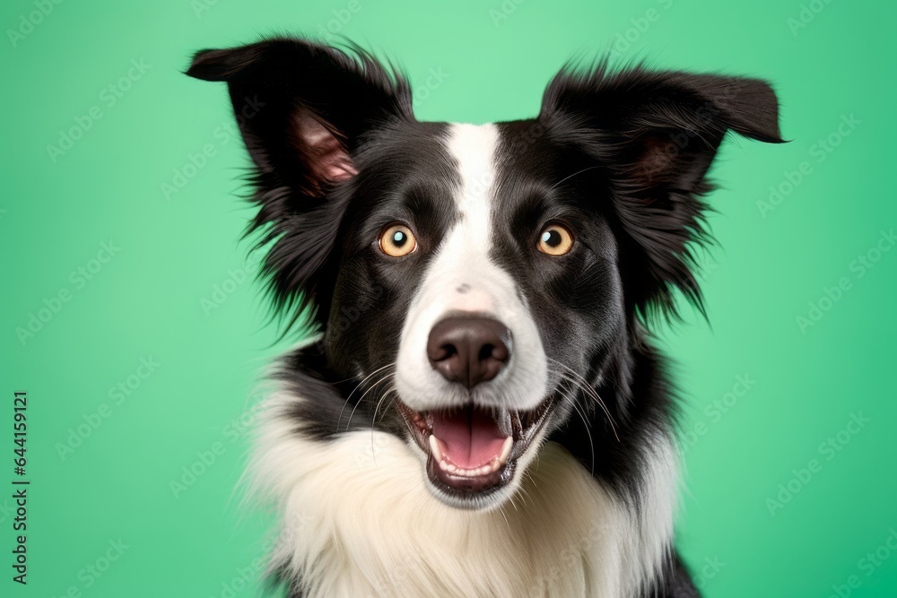 Headshot portrait photography of a smiling border collie wearing a light-up collar against a spearmint green background. With generative AI technology