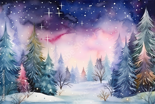 Magical glowing forest with Christmas trees under snow. Watercolor illustration. © 3dillustrations