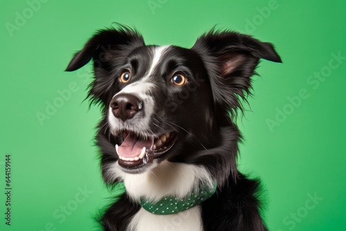 Headshot portrait photography of a smiling border collie wearing a light-up collar against a spearmint green background. With generative AI technology © Markus Schröder