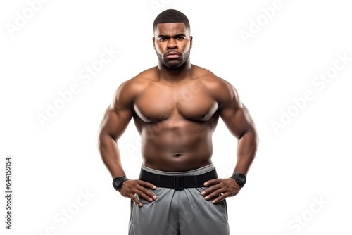 handsome african american male athlete standing with his hands on his hips while isolated on a white