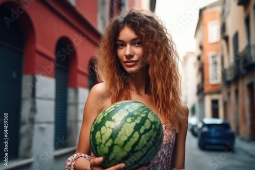 shot of a beautiful young woman standing next to a watermelon in an urban setting
