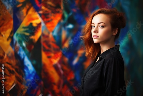 portrait of a beautiful young model standing in front of an abstract background © altitudevisual