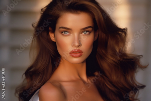close up of beautiful tanned brunette woman with classical symmetric face old money aesthetic for hair beauty magazine commercial editorial natural beauty cinematic film style