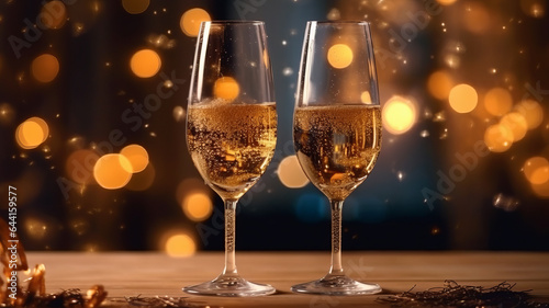 photograph of Two glasses of champagne toasting in the nigh with lights bokeh.Generative ai