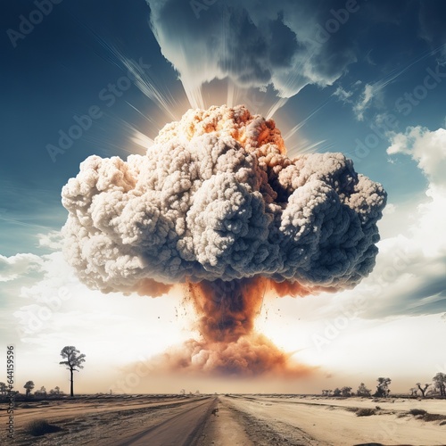 Nuclear explosion of an atom bomb with a mushroom cloud causing an apocalyptic Armageddon through the use of a weapon of mass destruction