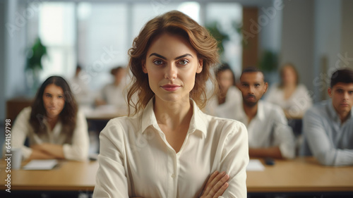 portrait leader woman in casual T shirt in a boardroom.Generative ai