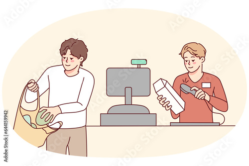 Man buying groceries in supermarket. Cashier beep sell products to male client in store. Consumerism and shopping. Vector illustration.