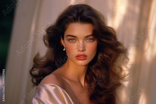 close up of beautiful tanned brunette woman with classical symmetric face old money aesthetic for hair beauty magazine commercial editorial natural beauty cinematic film style