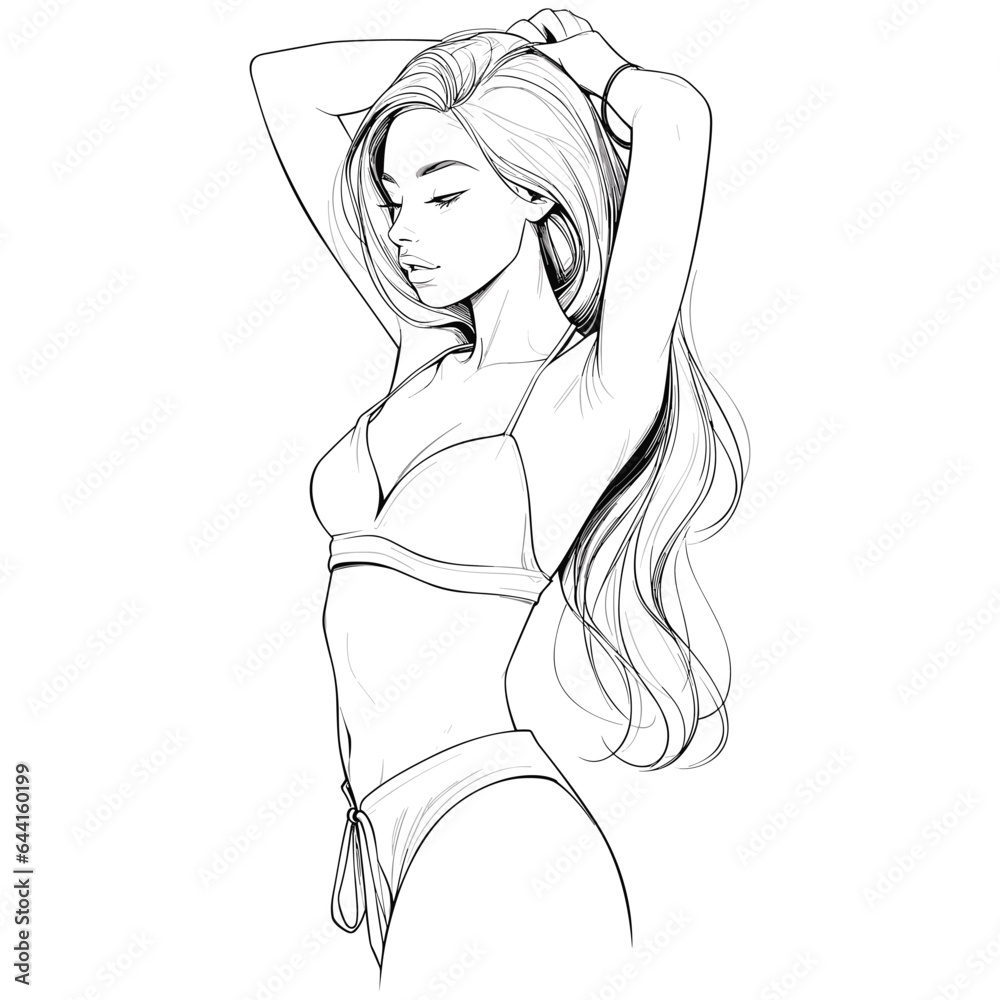 Beautiful girl in bikini black and white drawing