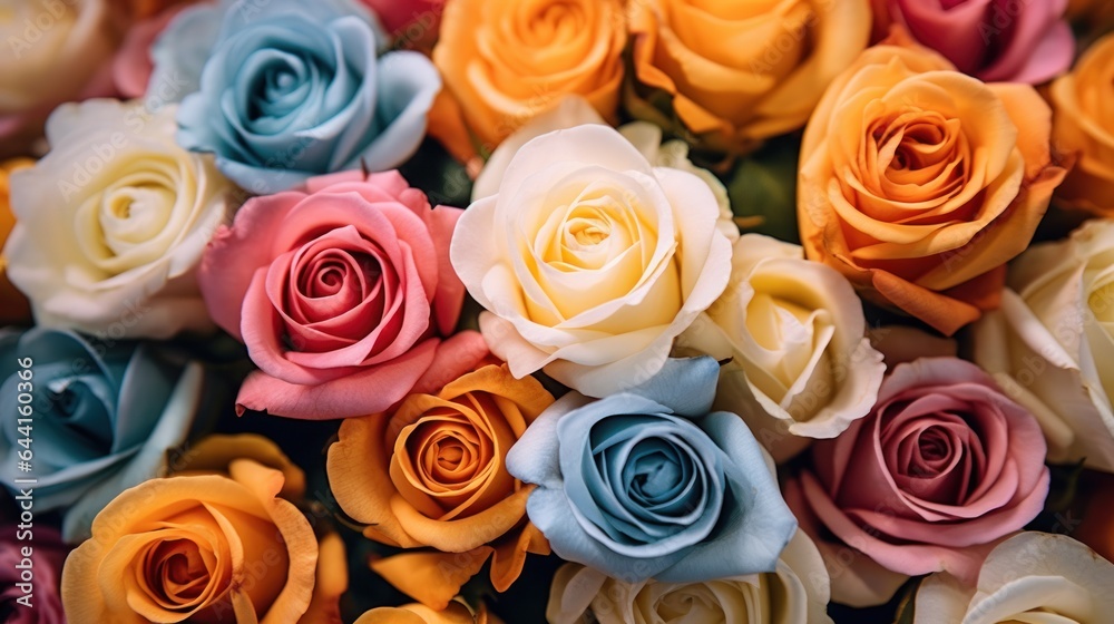 Beautiful multicolored roses background. Close-up photo. Mother's day concept with a space for a text. Valentine day concept with a copy space.