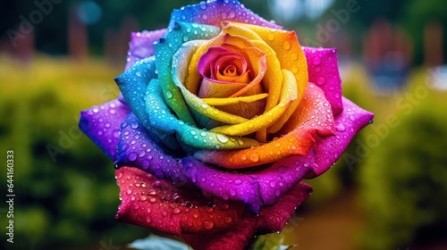 Beautiful multicolored rose with dew drops close-up. Mother's day concept with a space for a text. Valentine day concept with a copy space.
