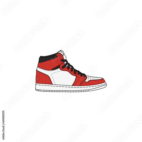 Red, black and white high-top basketball shoe, isolated on white