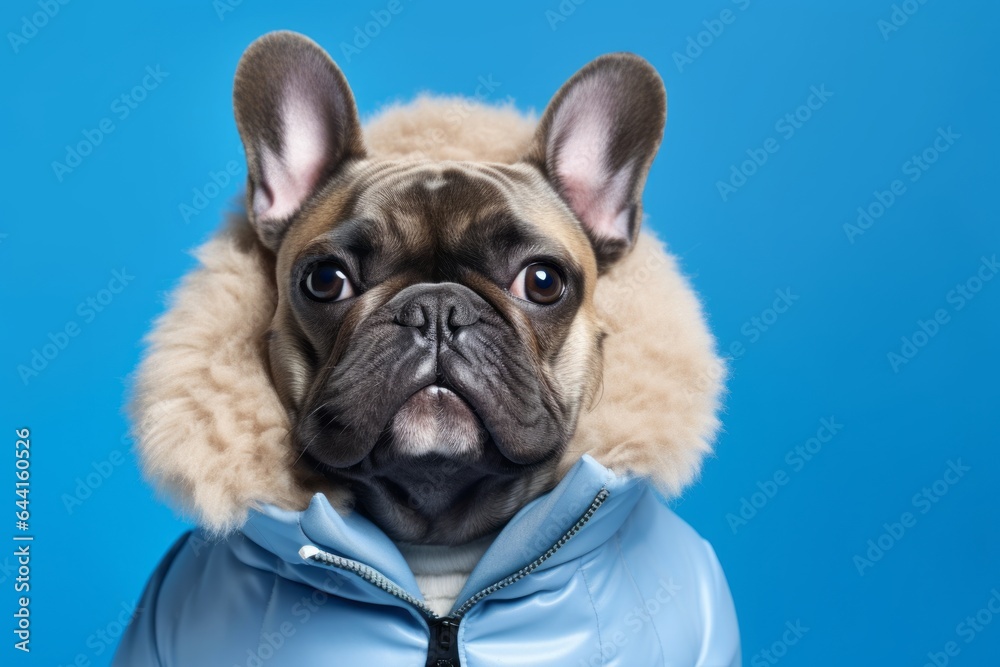 Medium shot portrait photography of a funny french bulldog wearing a parka against a periwinkle blue background. With generative AI technology
