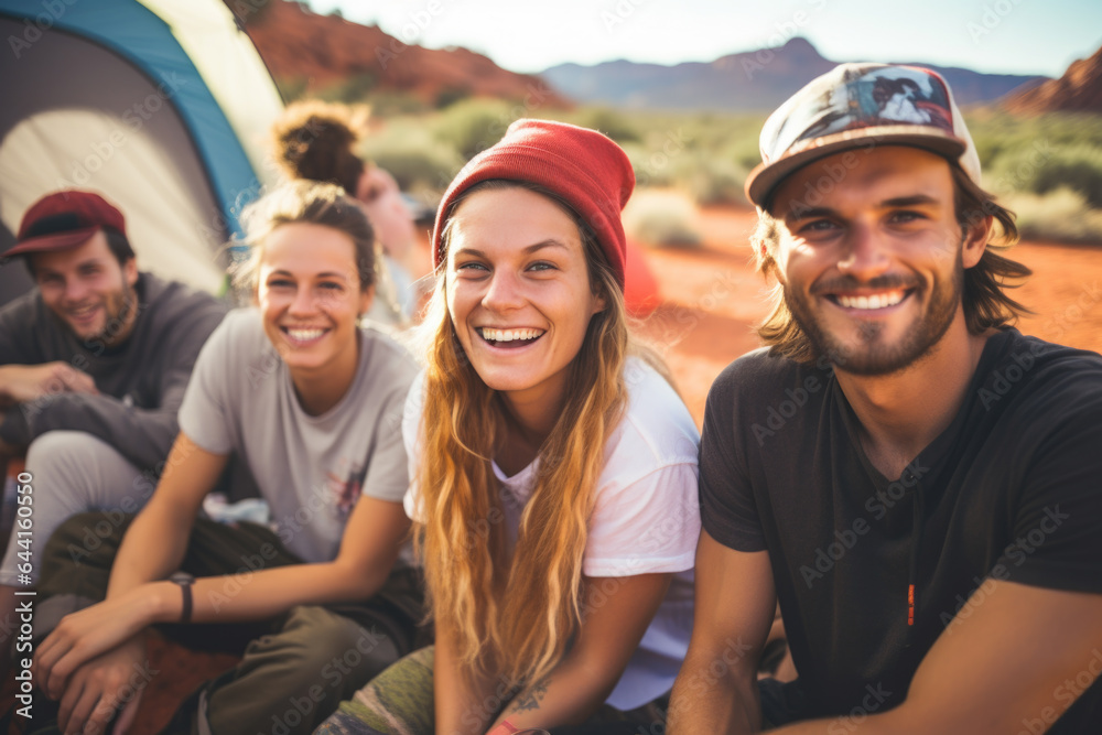Group of backpackers sitting and resting while climbing to the Sedona canyon, surrounded by beautiful nature. Travel, backpacking and active lifestyle concept.	 - obrazy, fototapety, plakaty 