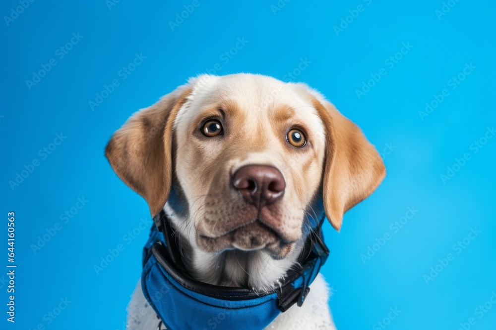 Medium shot portrait photography of a smiling labrador retriever wearing a ski suit against a periwinkle blue background. With generative AI technology Medium shot portrait photography of a smiling labrador retriever wearing a ski suit against a periwinkle blue background. With generative AI technology