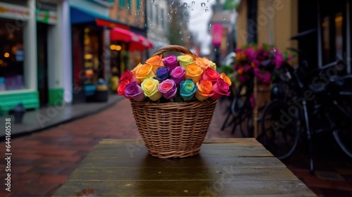 Colorful artificial roses in a wicker basket. Selective focus. Mother s day concept with a space for a text. Valentine day concept with a copy space.